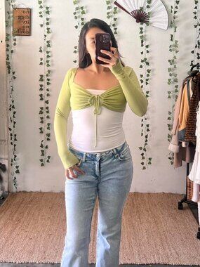 Garage lime green long sleeve crop top with ruching on the front with tie